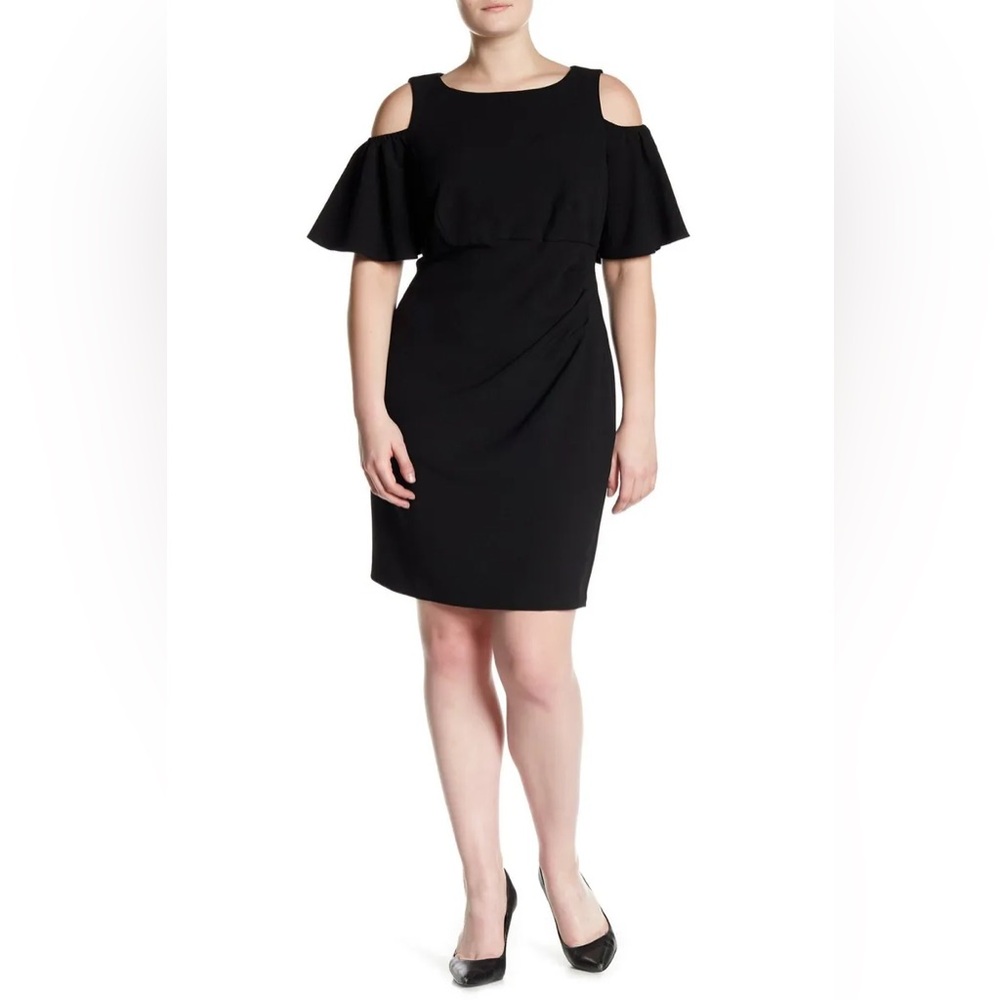 Eliza J LBD Black Cocktail Dress Cold Shoulder Ruffle Party Evening Sheath sz 8
